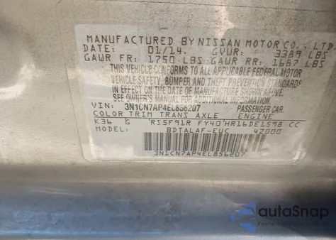 2014 Nissan Versa 1.6 S из США, поврежденный, VIN 3N1CN7AP4EL856207